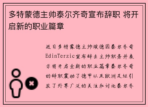 多特蒙德主帅泰尔齐奇宣布辞职 将开启新的职业篇章